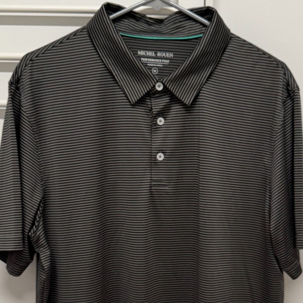 Michel Rouen Mens XL Grey Black Striped Performance Golf Polo Shirt Short Sleeve